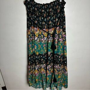 Sundance Tiered Maxi Skirt Women Size Large Floral Elastic Waist Black Boho
